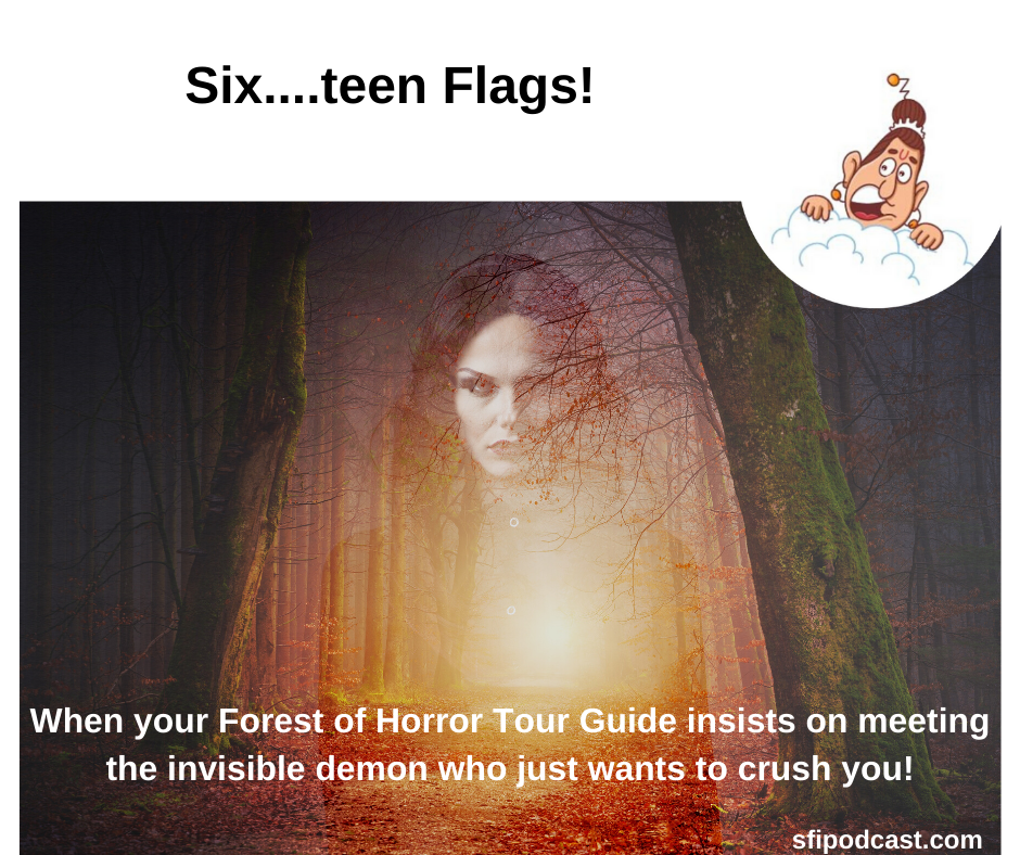 Six-teen Flags: When your Forest of Horror Tour Guide insists on meeting the invisible demon who just wants to crush you